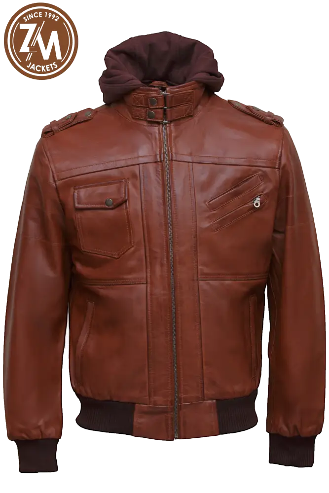 Luna Men’s Real Sheep Leather Jacket Removeable Hood Conic Men Jacket front