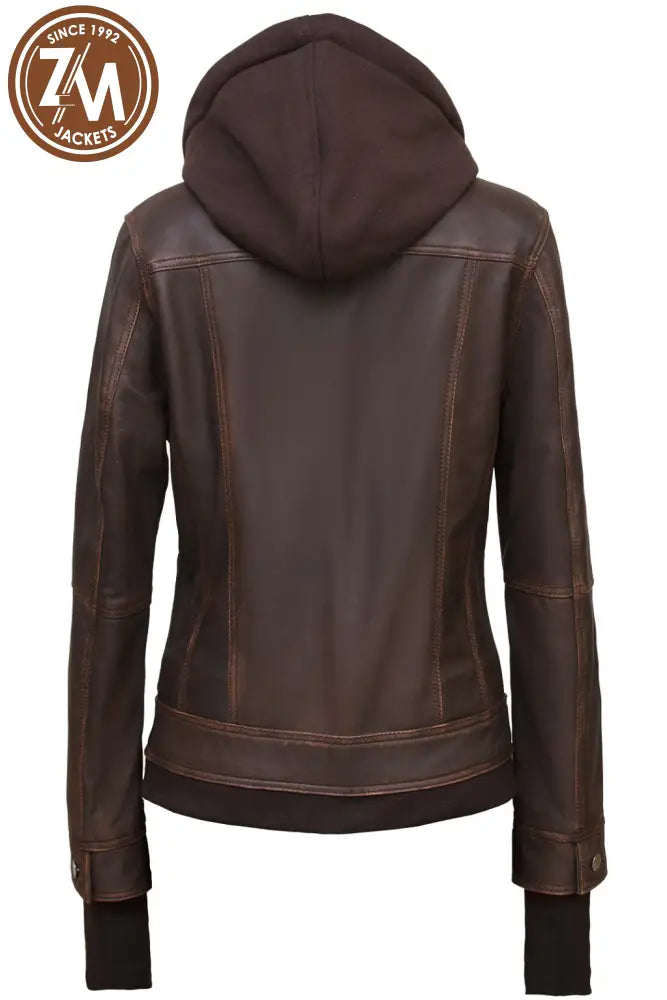 Annie Womens Distressed Brown Hooded Leather Jacket Ladies Jacket back view
