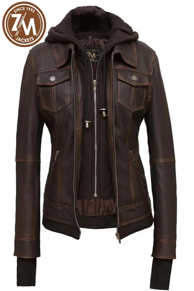 Annie Womens Distressed Brown Hooded Leather Jacket Xs Ladies Jacket open front