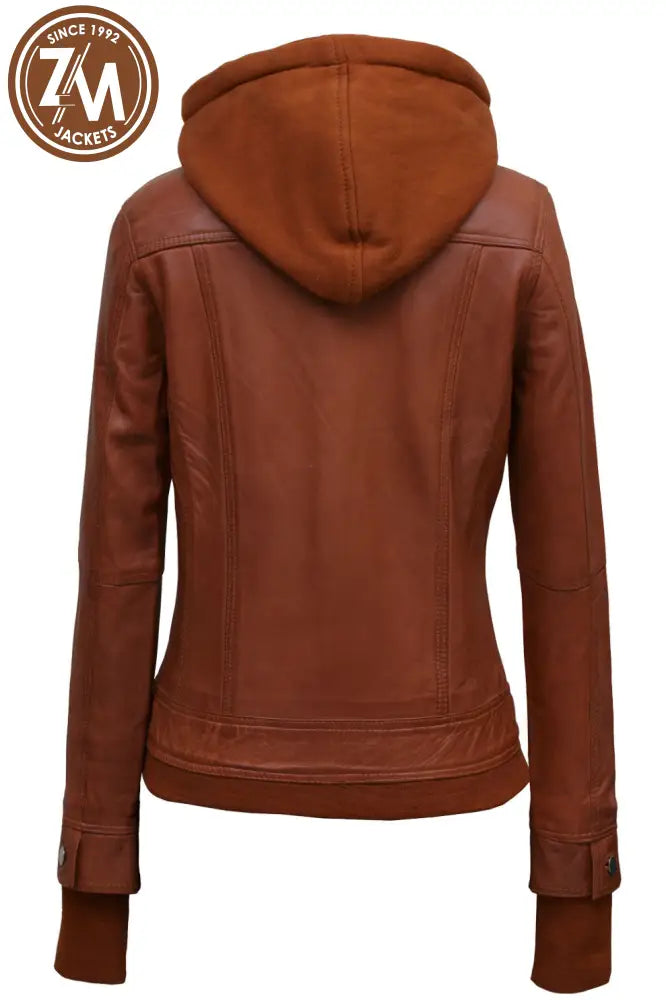Annie Womens Light Brown Hooded Leather Jacket Ladies Jacket back view