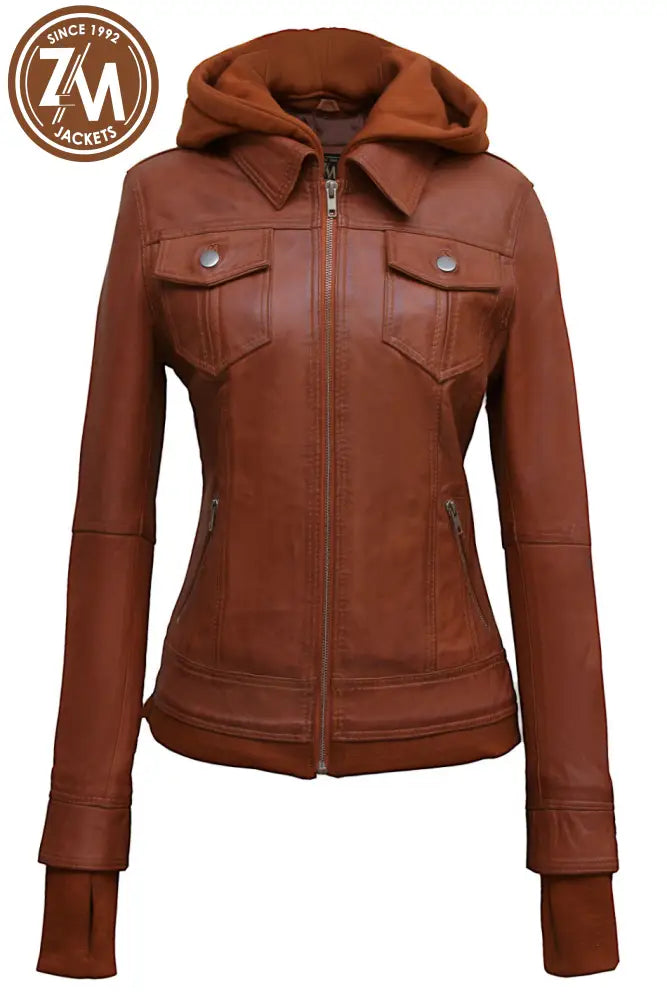 Annie Womens Light Brown Hooded Leather Jacket Ladies Jacket front view