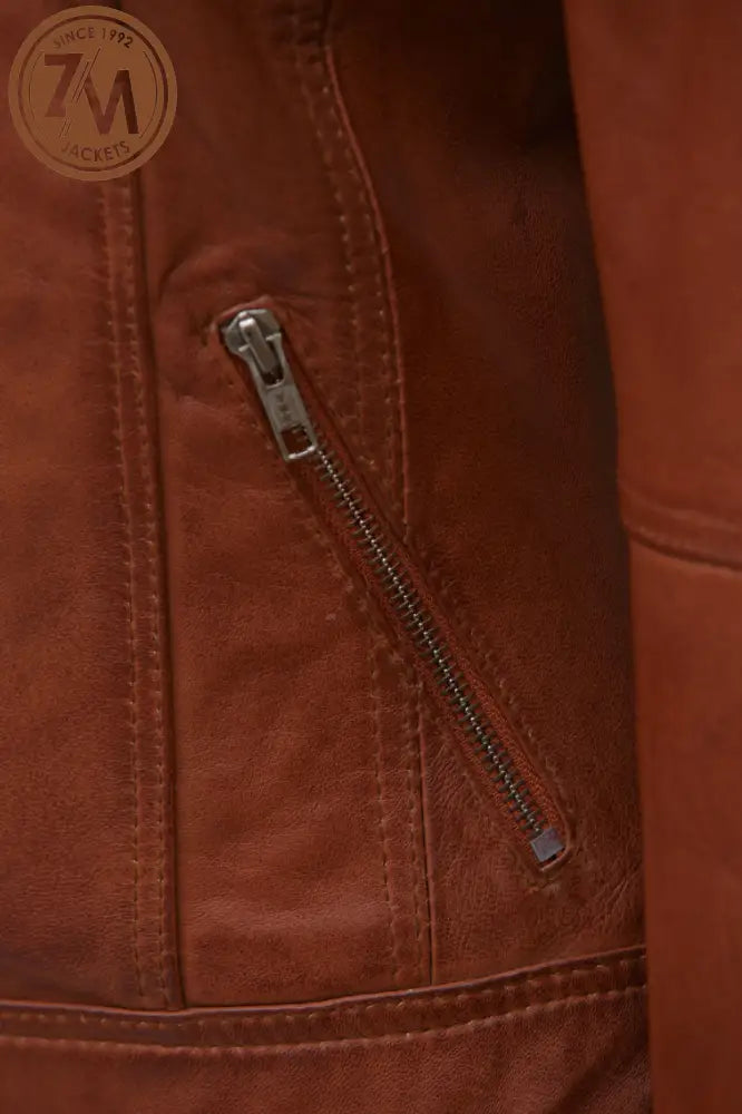 Annie Womens Light Brown Hooded Leather Jacket Ladies Jacket hand-zipper-pocket