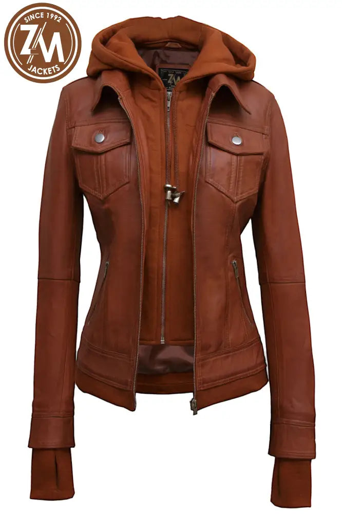 Annie Womens Light Brown Hooded Leather Jacket Xs Ladies Jacket open front view
