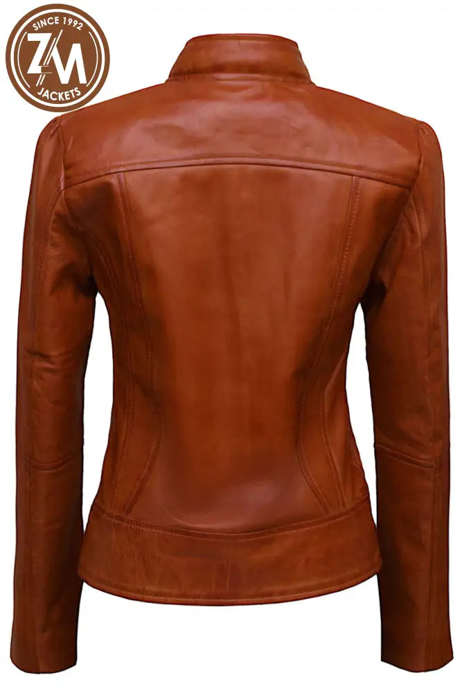 Bella Womens Cognac Biker Leather Jacket Ladies Jacket back view