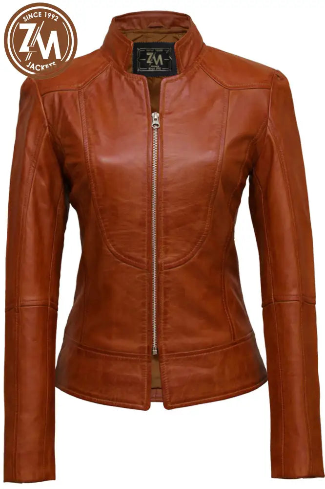 Bella Womens Cognac Biker Leather Jacket Xs Ladies Jacket front view