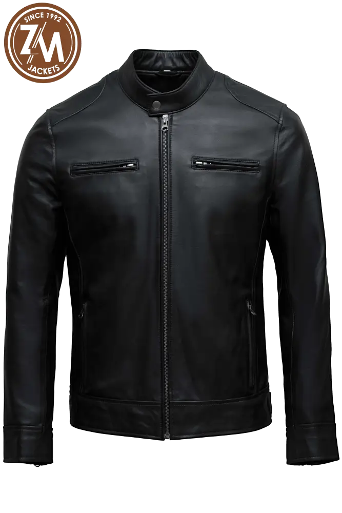 Store Mens Black Leather Jacket 100% Leather Cafe Racer Style Zipper Pockets (L)