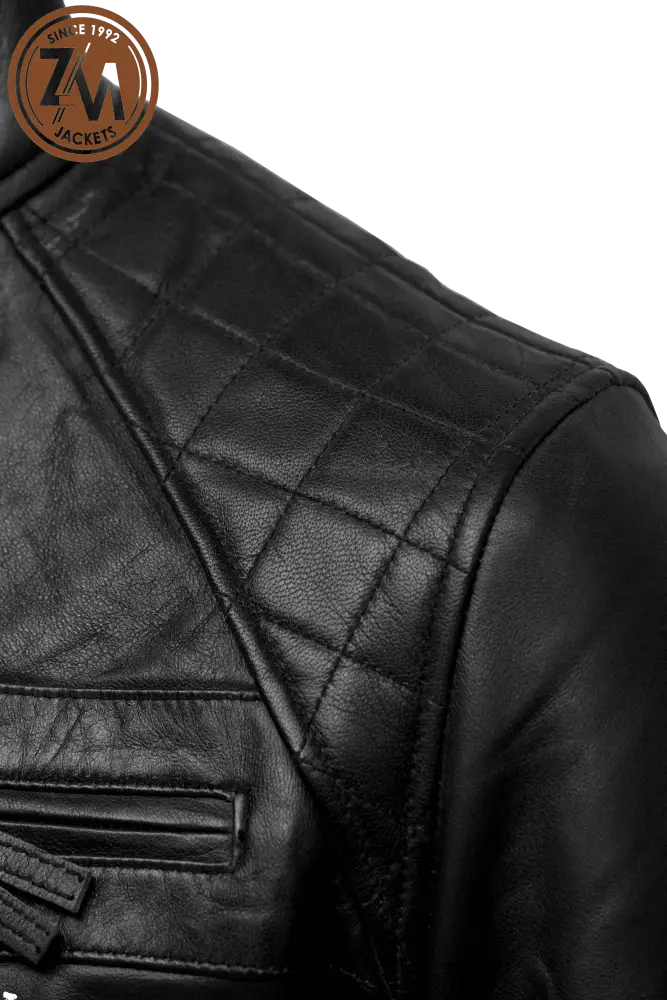 Diamond Men’s Real Sheep Leather Jacket Black Men shoulder style