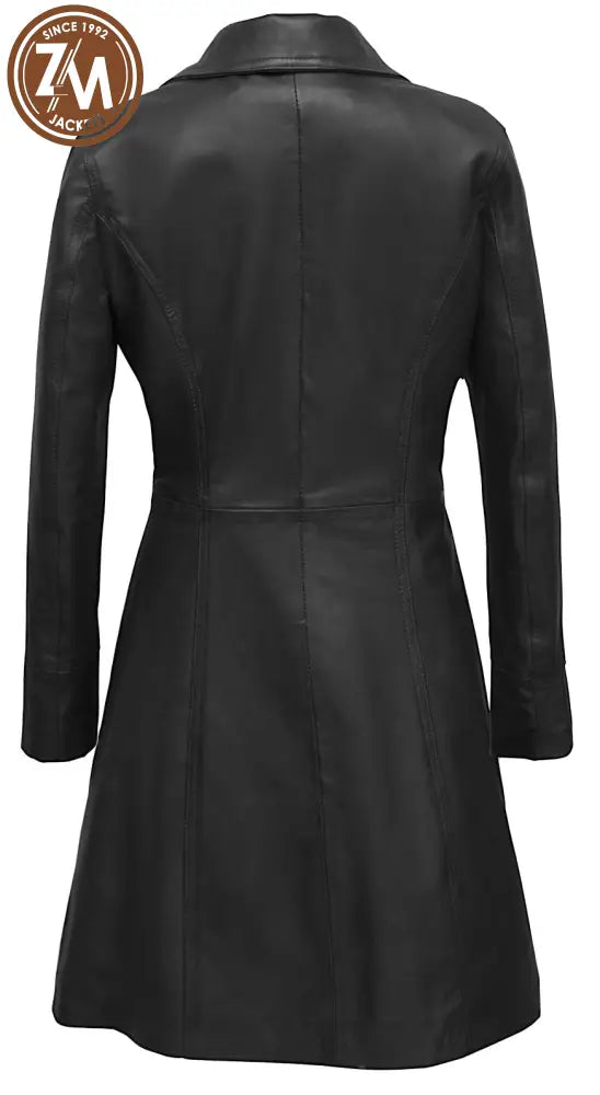 Elare Womens 3/4 Length Black Leather Coat Ladies 3Qtr back view