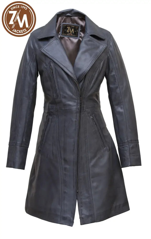 Elare Womens 3/4 Length Grey Leather Coat Ladies 3Qtr front view
