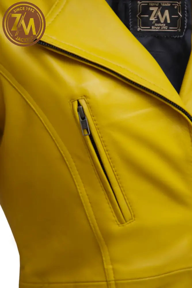 Elare Womens 3/4 Length Yellow Leather Coat Ladies 3Qtr chest pocket