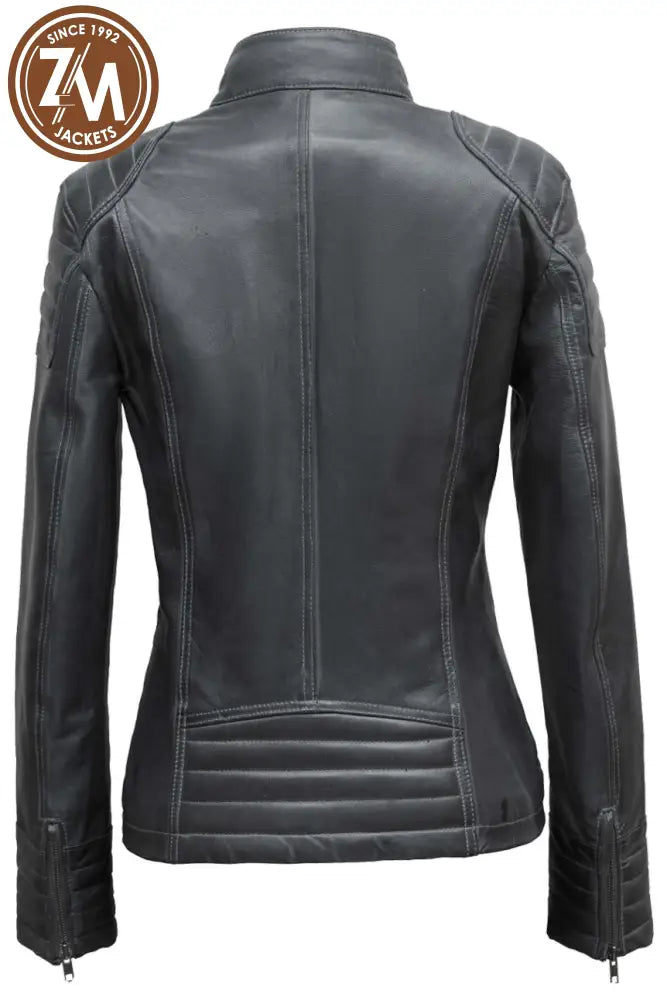 Elle Women Dark Grey Biker Leather Jacket Ladies Jacket back view