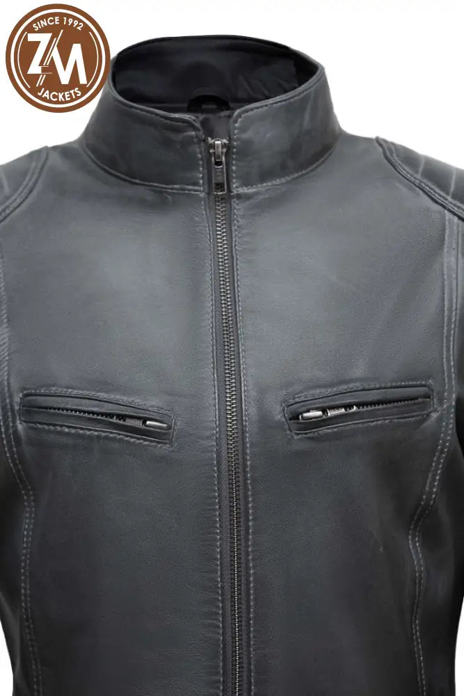 Elle Women Dark Grey Biker Leather Jacket Ladies Jacket collar style