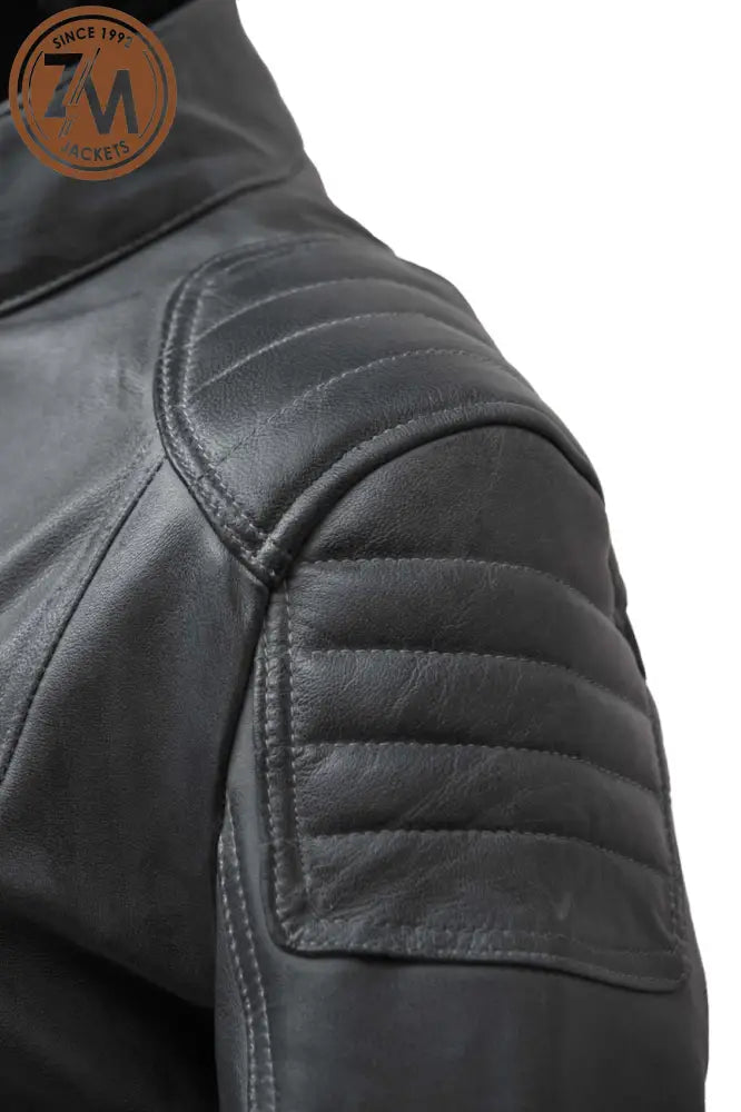 Elle Women Dark Grey Biker Leather Jacket Ladies Jacket shoulder style