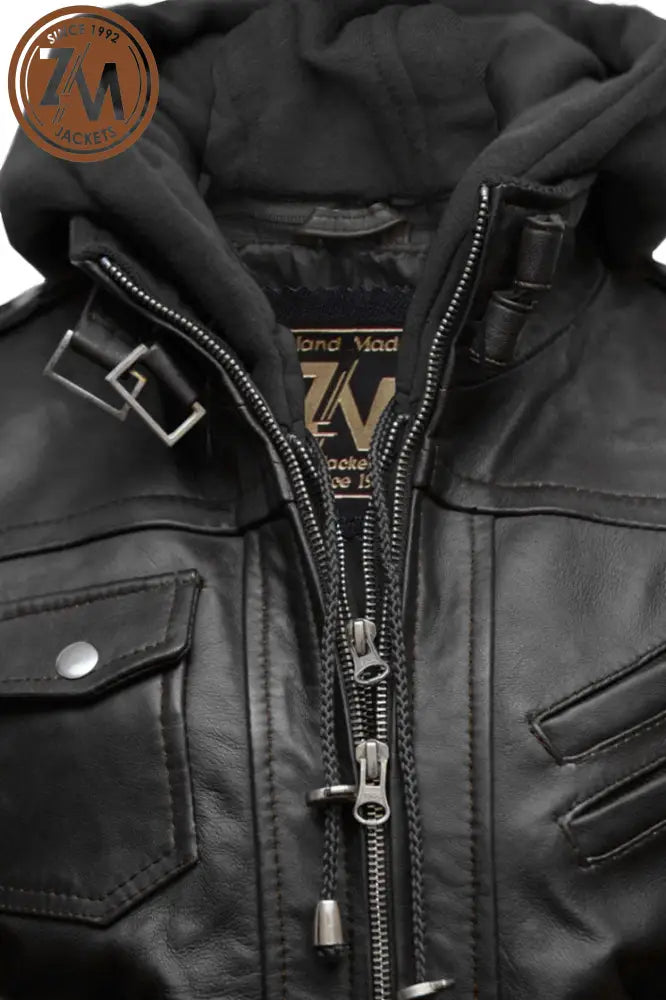 Luna Womens Black Leather Jacket With Removeable Hood Ladies Jacket front collar closer