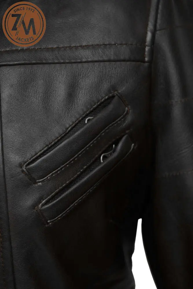 Luna Womens Black Leather Jacket With Removeable Hood Ladies Jacket chest zipper pocket