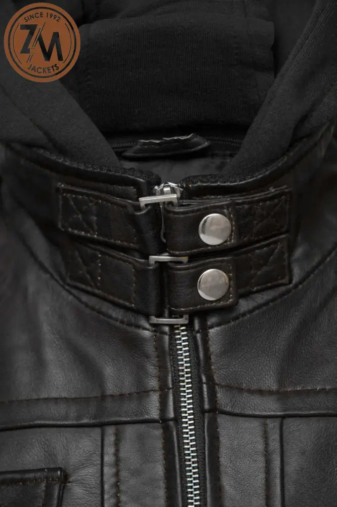 Luna Womens Black Leather Jacket With Removeable Hood Ladies Jacket collar snap