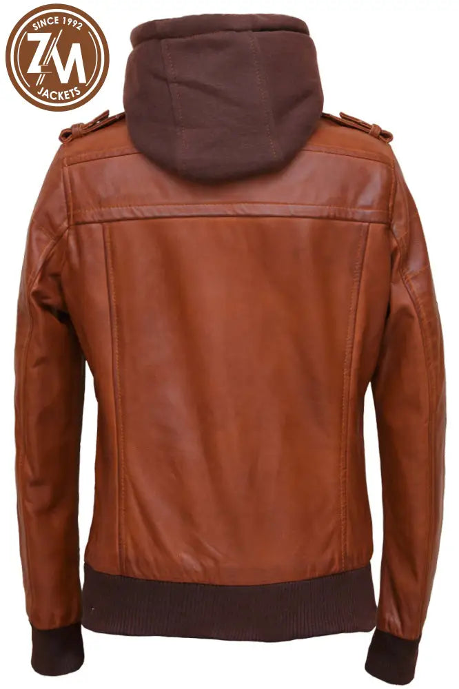 Luna Womens Cognac Leather Jacket With Removeable Hood Ladies Jacket back