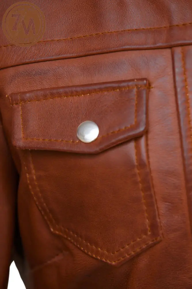 Luna Womens Cognac Leather Jacket With Removeable Hood Ladies Jacket flap pocket on chest