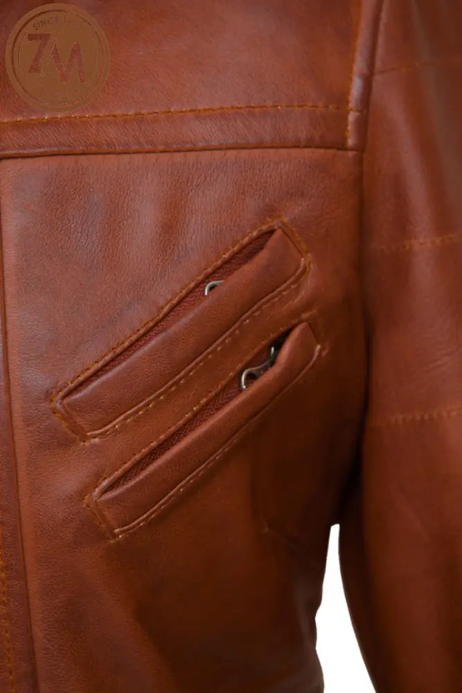 Luna Womens Cognac Leather Jacket With Removeable Hood Ladies Jacket chest zipper pocket