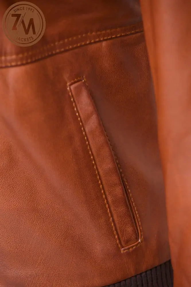 Luna Womens Cognac Leather Jacket With Removeable Hood Ladies Jacket hand pocket