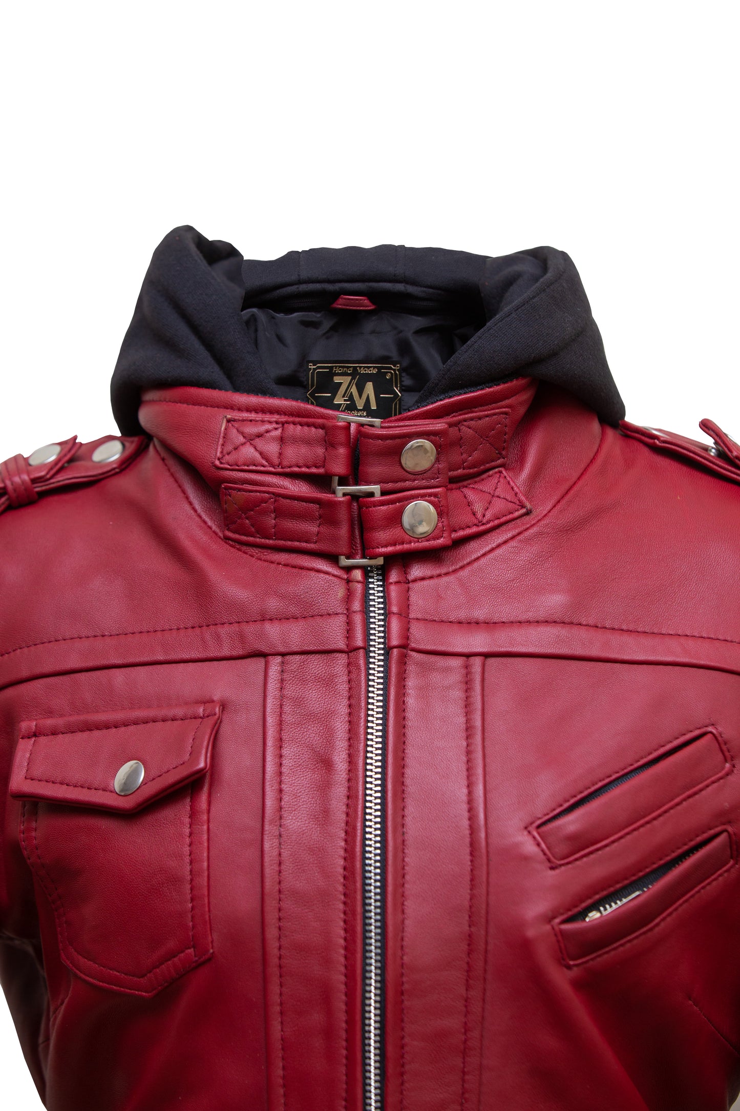 Luna Womens red Leather Jacket With Removeable Hood Ladies Jacket collar style