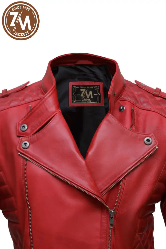 Monic Womens Red Asymmetrical Biker Leather Jacket Ladies Jacket collar style