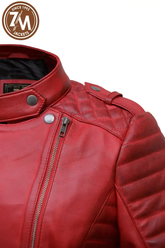 Monic Womens Red Asymmetrical Biker Leather Jacket Ladies Jacket zipper and button closer