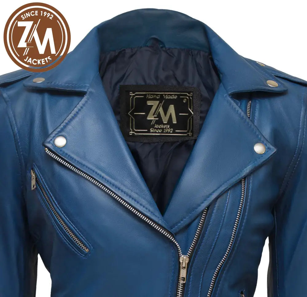 Nellie Biker Real Leather Jacket Women Ocean Blue Ladies Jacket