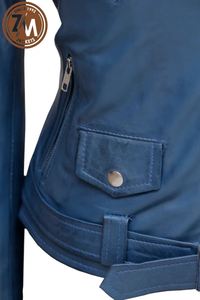 Nellie Biker Real Leather Jacket Women Ocean Blue Ladies Jacket