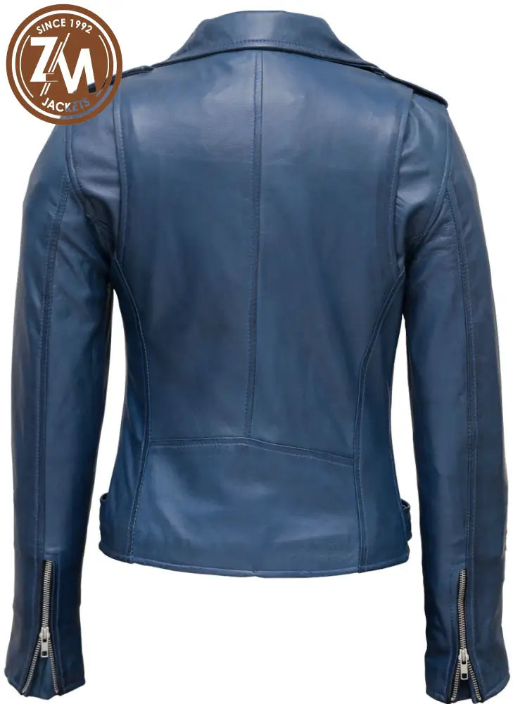 Nellie Biker Real Leather Jacket Women Ocean Blue Ladies Jacket