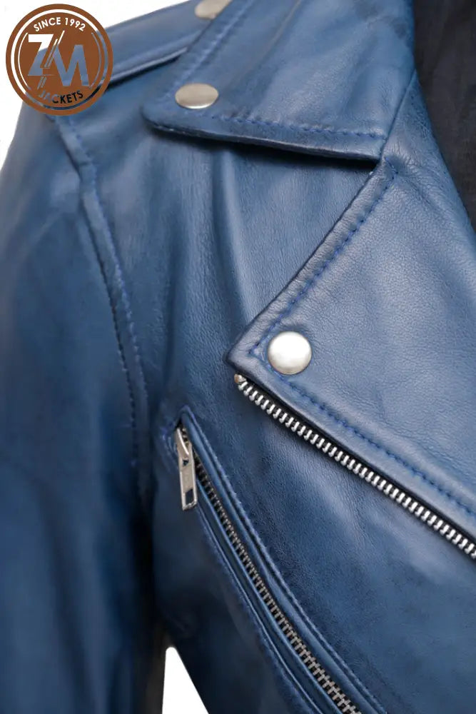 Nellie Biker Real Leather Jacket Women Ocean Blue Ladies Jacket