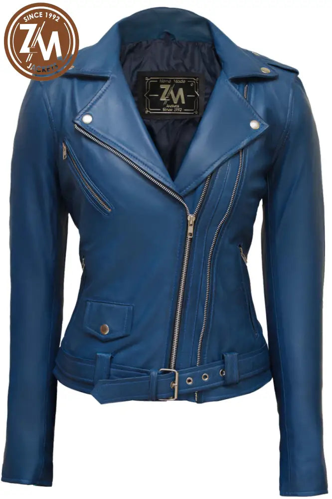 Nellie Biker Real Leather Jacket Women Ocean Blue Xs Ladies Jacket