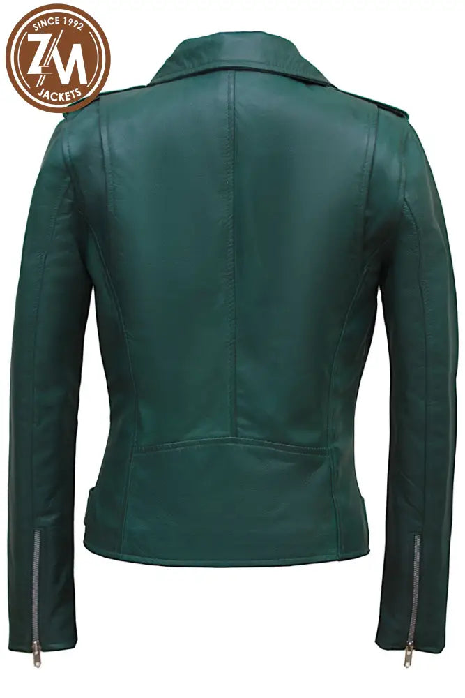Nellie Womens Green Asymmetrical Leather Biker Jacket Ladies Jacket back view