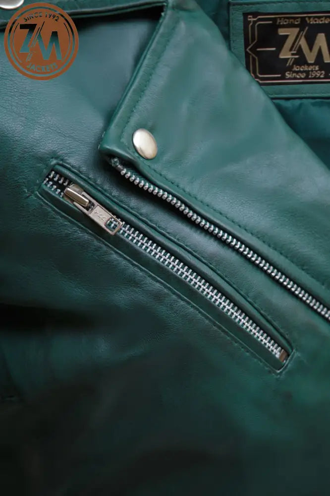 Nellie Womens Green Asymmetrical Leather Biker Jacket Ladies Jacket chest zipper pocket