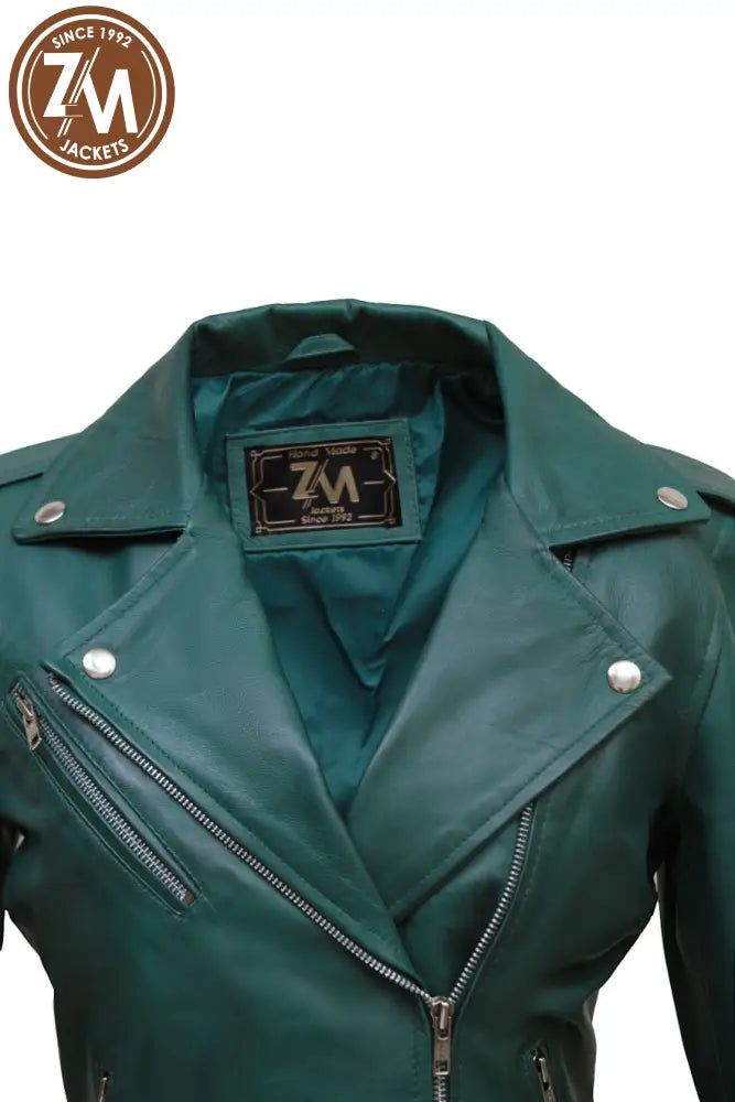 Nellie Womens Green Asymmetrical Leather Biker Jacket Ladies Jacket collar style