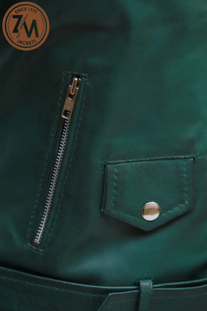 Nellie Womens Green Asymmetrical Leather Biker Jacket Ladies Jacket hand pocket