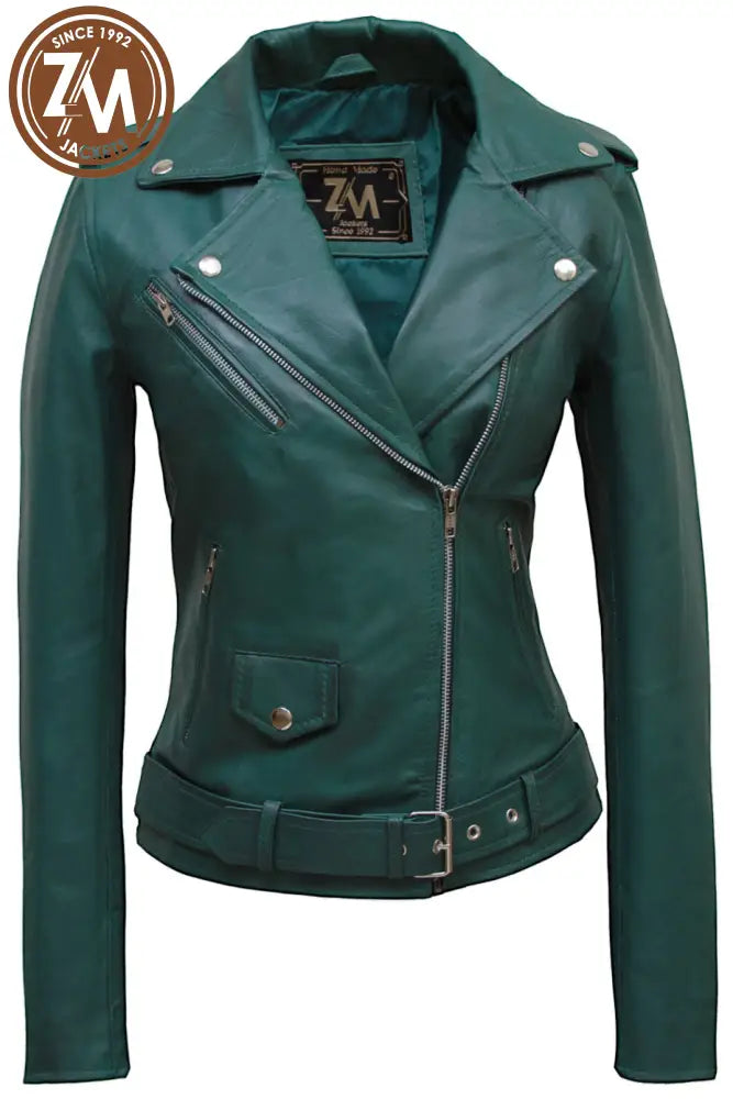 Nellie Womens Green Asymmetrical Leather Biker Jacket Xs Ladies Jacket front view