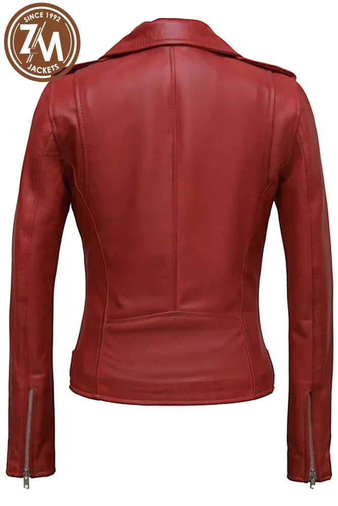 Nellie Womens Red Asymmetrical Leather Jacket Ladies Jacket back view
