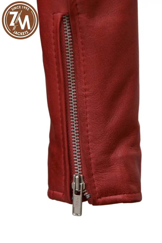 Nellie Womens Red Asymmetrical Leather Jacket Ladies Jacket cuff zipper