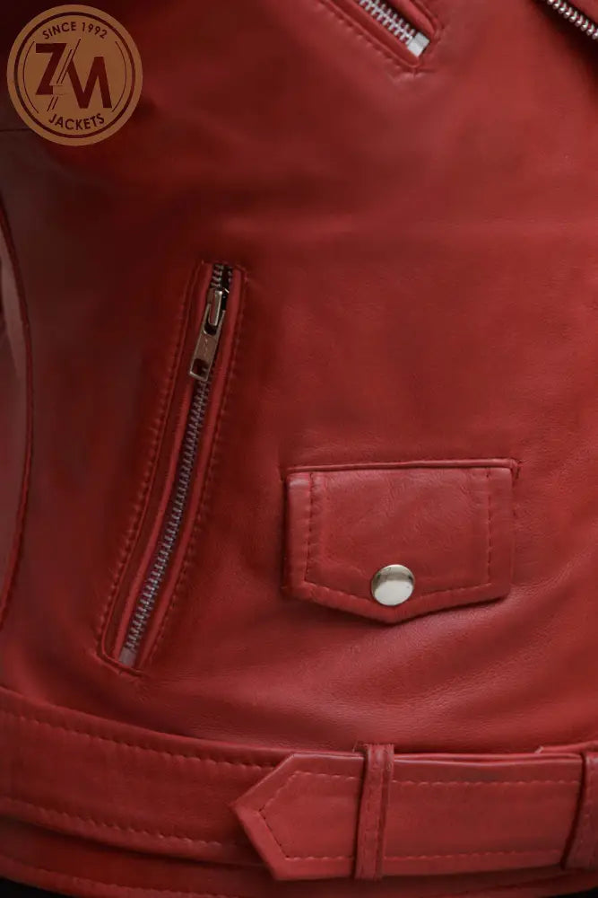 Nellie Womens Red Asymmetrical Leather Jacket Ladies Jacket hand zipper pocket