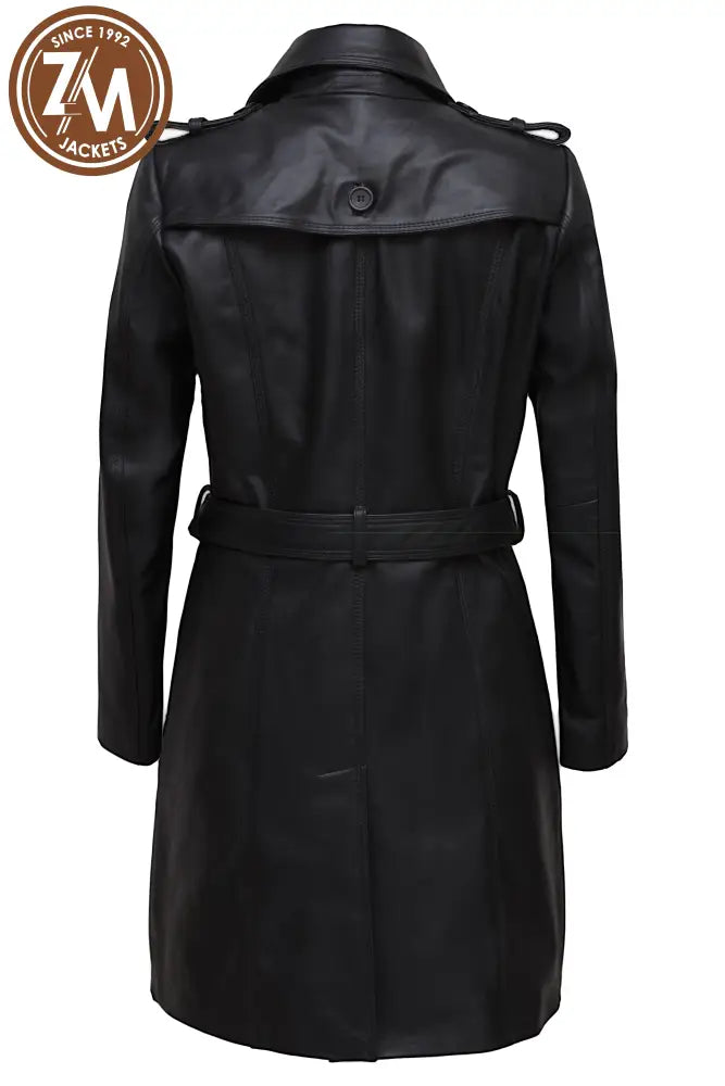 Renee Womens Black Leather Trench Coat Ladies 3Qtr back view