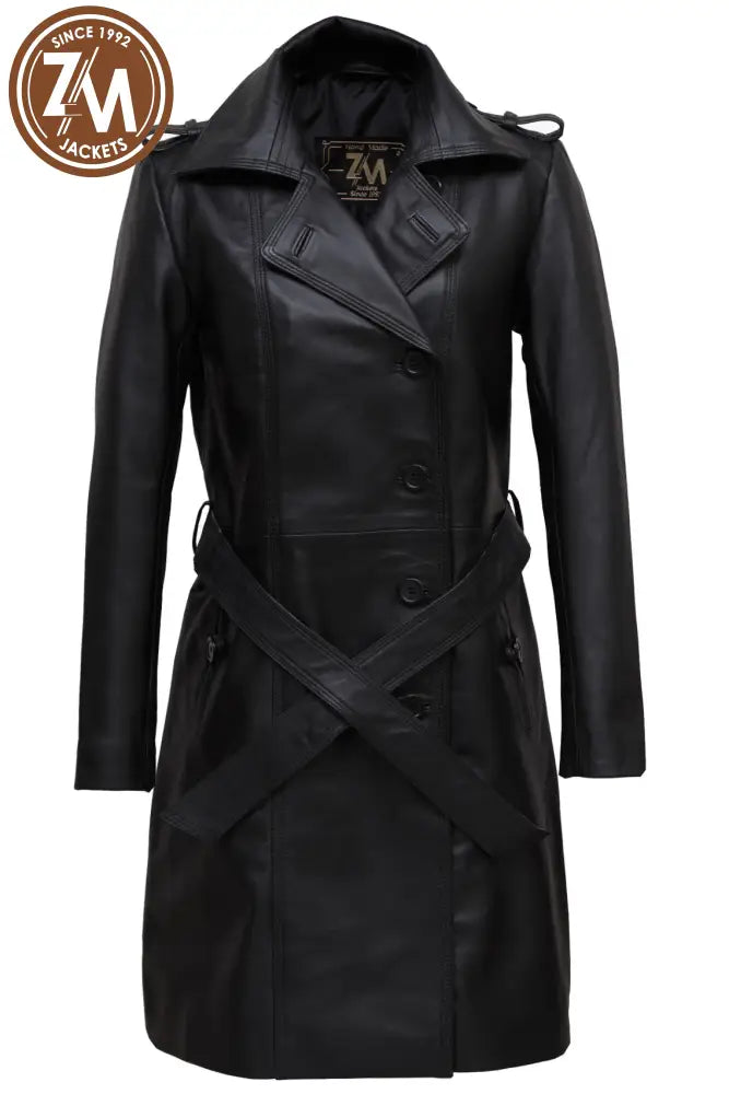Renee Womens Black Leather Trench Coat Ladies 3Qtr front coat