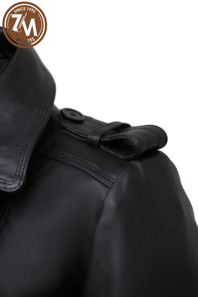 Renee Womens Black Leather Trench Coat Ladies 3Qtr shoulder strap