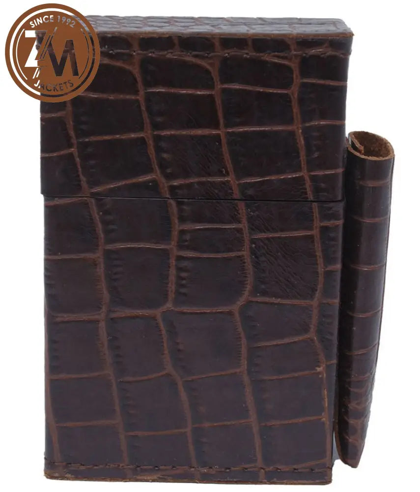 Alligator Print Brown Leather Cigarette Case With Lighter Holder