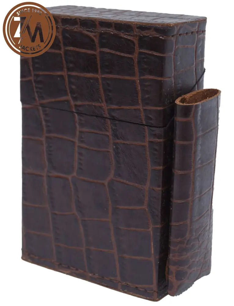 Alligator Print Brown Leather Cigarette Case With Lighter Holder