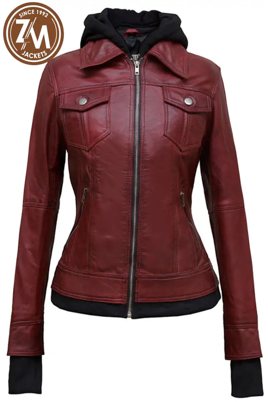 Annie Women Maroon Real Leather Jacket With Removeable Hood Ladies Jacket front view