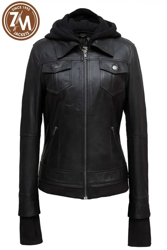 Annie Womens Black Hooded Leather Jacket Ladies Jacket front view