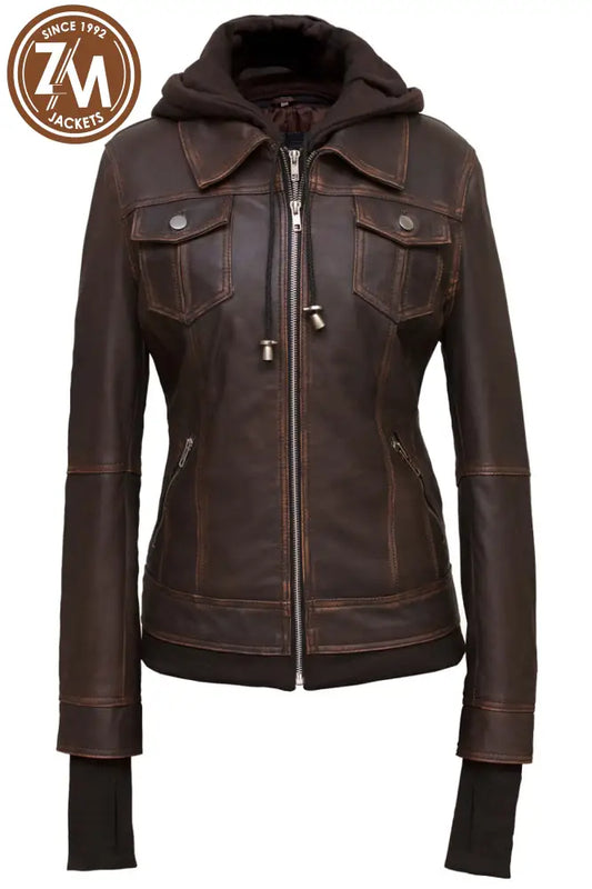 Annie Womens Distressed Brown Hooded Leather Jacket Ladies Jacket front view