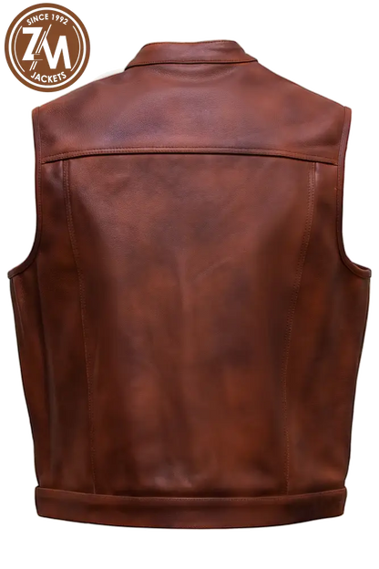 Arthur Real Sheep Brown Distressed Leather vest Coat Men’s Men Waist Coat back view