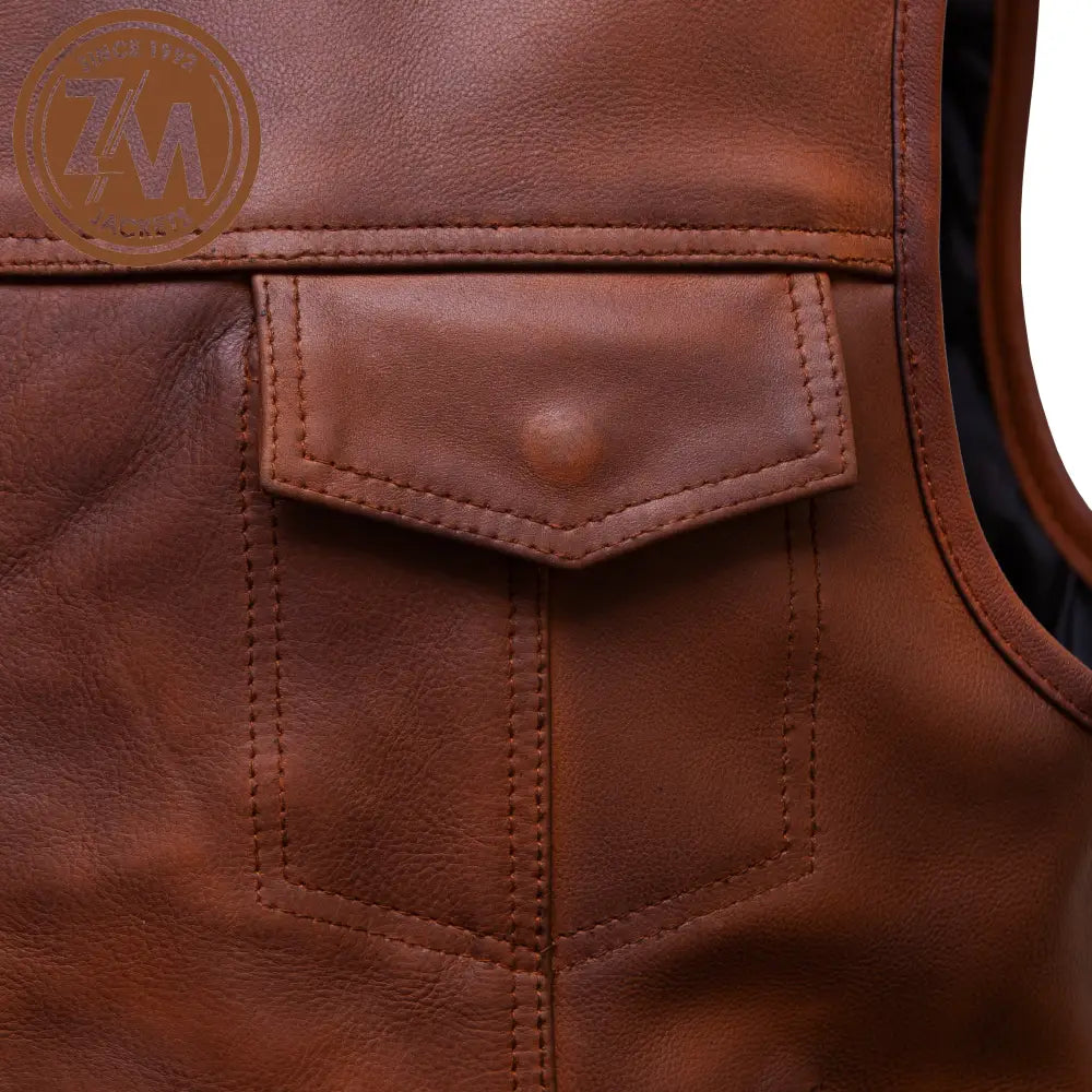 Arthur Real Sheep Brown Distressed Leather vest Coat Men’s Men Waist Coat chest flap pocket 